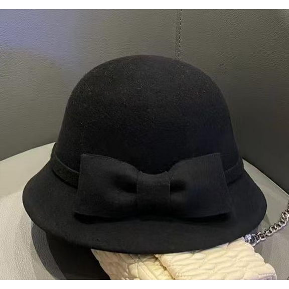 Women Elegant Bowknot Woolen Fedora Hat Wide Brim Warm Black for Fall Winter Daily Wear