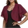 Women Elegant Chiffon Shrugs 3/4 Sleeve Open Front Cropped Cardigan Ruffle Bolero for Evening Dress