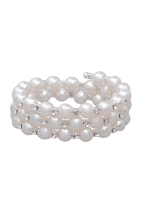 Women Elegant Crystal Artificial Pearl Rhinestone Stretch Sparkly Bracelet - White, 3 Row