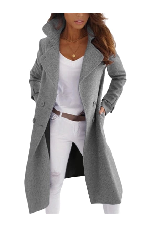 Women Elegant Double Breast Wool Blend Pea Coat Winter Long Coats Jacket Overcoat Gray XXXL