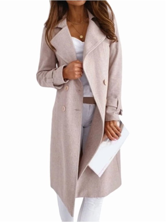 Women Elegant Double Breast Wool Blend Pea Coat Winter Long Coats Jacket Overcoat Lotus Root Pink XL
