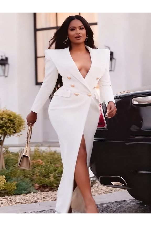 Women Elegant Double-breasted Maxi Jacket Solid Fashion Deep V-Neck Long Sleeve Cardigan High Street Office Lady British Jackets