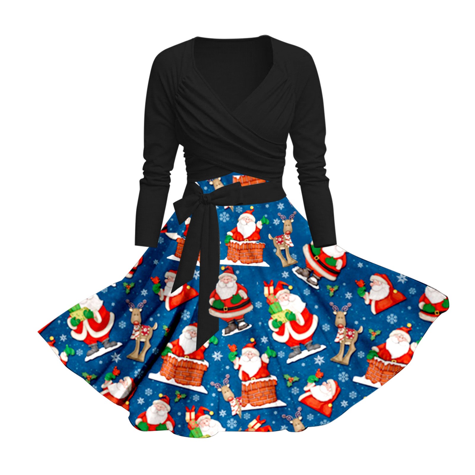 Women Elegant Dress Classic Tea Long Sleeve V Neck Belt Swing Fashion