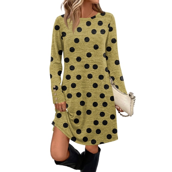 Women Elegant Dresses Long Style Elegant Atmospheric Straight Dress Long Sleeve Polka Dot Street Style Dress Pleated Dresses Regular Sleeve Round Neck Autumn Winter Woman 2025 Sky Blue S
