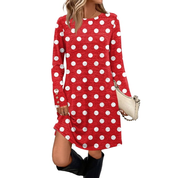 Women Elegant Dresses Long Style Elegant Atmospheric Straight Dress Long Sleeve Polka Dot Street Style Dress Pleated Dresses Regular Sleeve Round Neck Autumn Winter Woman 2025 Red S