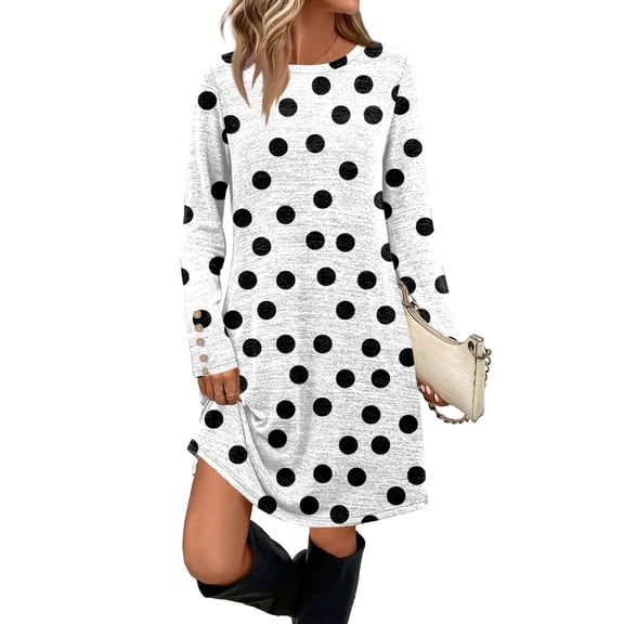 Women Elegant Dresses Long Style Elegant Atmospheric Straight Dress Long Sleeve Polka Dot Street Style Dress Pleated Dresses Regular Sleeve Round Neck Autumn Winter Woman 2025 Wine S