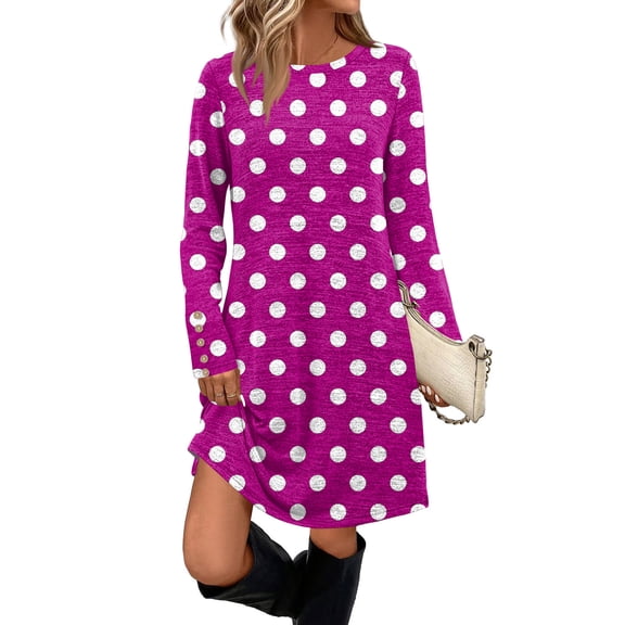Women Elegant Dresses Long Style Elegant Atmospheric Straight Dress Long Sleeve Polka Dot Street Style Dress Pleated Dresses Regular Sleeve Round Neck Autumn Winter Woman 2025 Hot Pink S