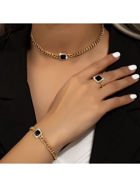 Women Elegant Enamel Drip Geometry Circle Jewelry Set, 14K Gold Filled Luxury Style Ring Bracelet Necklace Fashion Jewelry