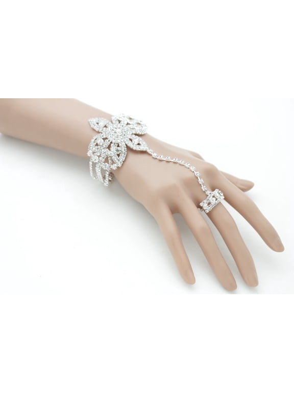 Women Elegant Fashion Jewelry Silver Metal Hand Chain Bracelet Flower Ring