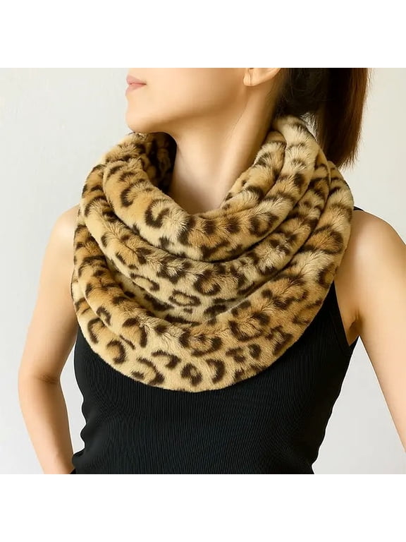 Women Elegant Faux Fur Leopard Print Infinity Tube Scarf (Brown)