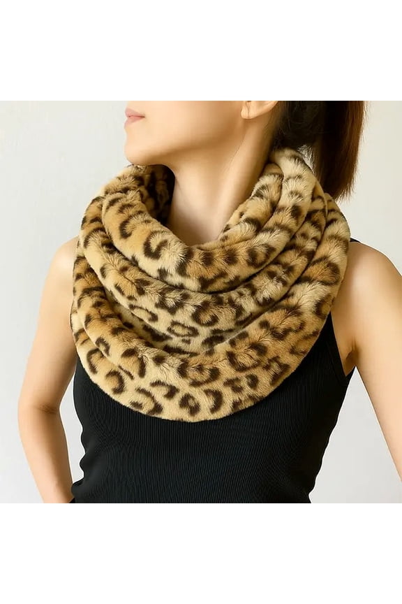 Women Elegant Faux Fur Leopard Print Infinity Tube Scarf (Brown)