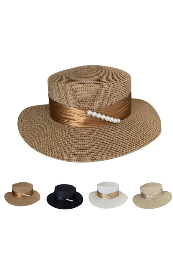 Women Elegant Flat Top Straw Boater Hat Faux Pearl Strand Satin Ribbon Sun Protection Panama Beach Derby Cap Classic Bow Summer Fedora 1 Pack Khaki