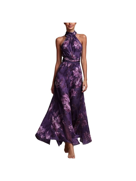 Women Elegant Floral Print Sheer Mesh Maxi Dress, Pleated Halter Neck Long Gown With Irregular Slit