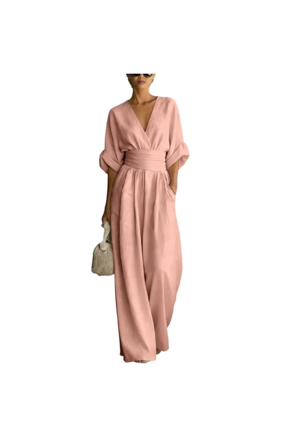 Women Elegant Half Sleeve Jumpsuit Linen Blend Deep V Neck Wrap Casual Wide Leg Pants Romper Plus Size Boho Jumpsuits with Pockets Pink 3XL