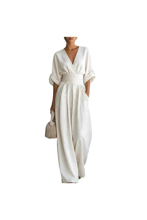 Women Elegant Half Sleeve Jumpsuit Linen Blend Deep V Neck Wrap Casual Wide Leg Pants Romper Plus Size Boho Jumpsuits with Pockets White L