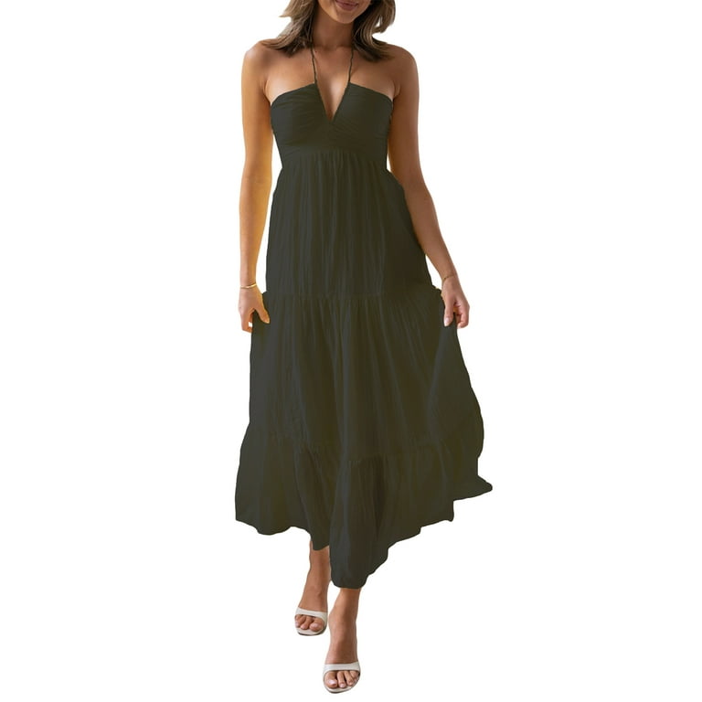 Women Elegant Halter Maxi Dress Solid Sleeveless Backless Tie-Up