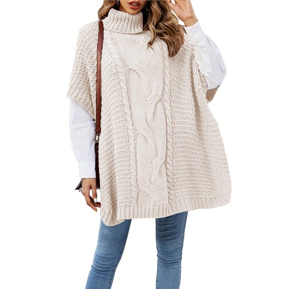 Women Elegant High-Neck Poncho Sweater Batwing Cable Knitted Slouchy Wrap Pullovers Sweater Cape Shawl Color S