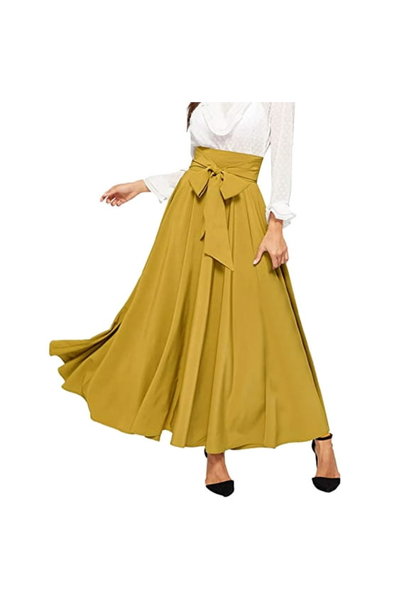 Women Elegant High Waist Skirt Tie Front Pleated Maxi Skirts Vacation Holiday Female Dailywear