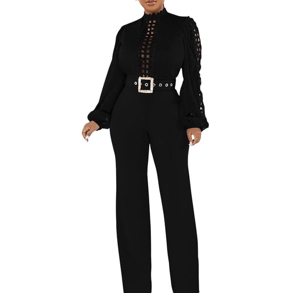 Women Elegant Jumpsuit Formal Sex-Y High Necked Long Sleeved Casual Straight Pantsbusiness Party Jumpsuit Black L