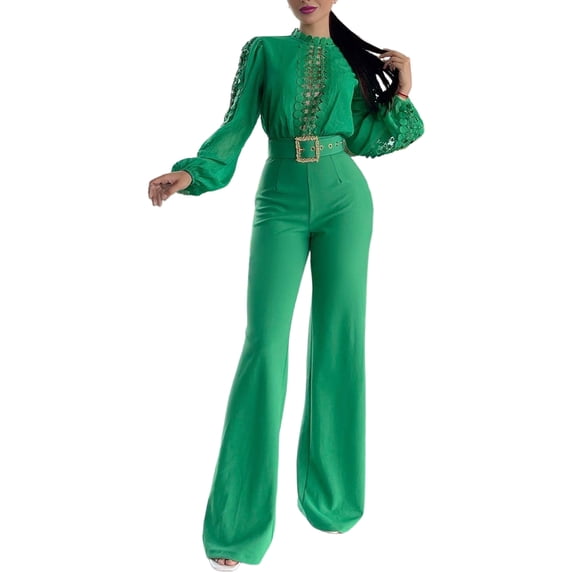 Women Elegant Jumpsuit Formal Sex-Y High Necked Long Sleeved Casual Straight Pantsbusiness Party Jumpsuit Green L