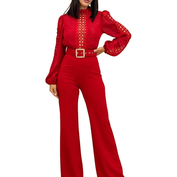 Women Elegant Jumpsuit Formal Sex-Y High Necked Long Sleeved Casual Straight Pantsbusiness Party Jumpsuit Red M