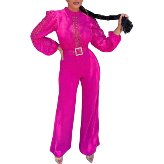Women Elegant Jumpsuit Formal Sex-Y High Necked Long Sleeved Casual Straight Pantsbusiness Party Jumpsuit Rose Red M