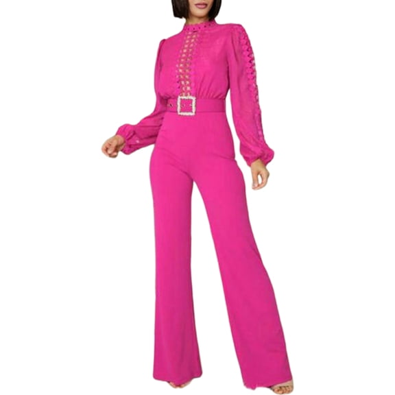 Women Elegant Jumpsuit Formal Sex-Y High Necked Long Sleeved Casual Straight Pantsbusiness Party Jumpsuit Rose Red XL