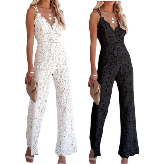 Women Elegant Lace Jumpsuit 2022 Back Overalls Summer V Neck Sleeveless Spaghetti Strap High Waisted Jumpsuit Rompers