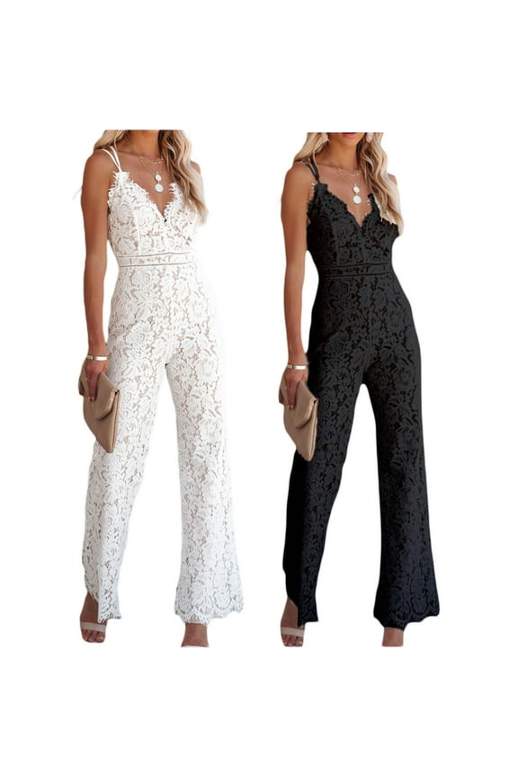 Women Elegant Lace Jumpsuit 2022 Back Overalls Summer V Neck Sleeveless Spaghetti Strap High Waisted Jumpsuit Rompers