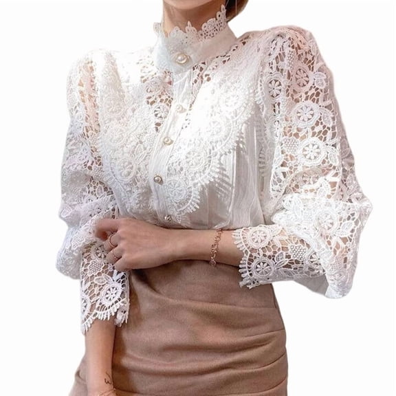 Women Elegant Lace Trim Shirts Casual Victorian Blouse Long Sleeve Button Down Tops White XL