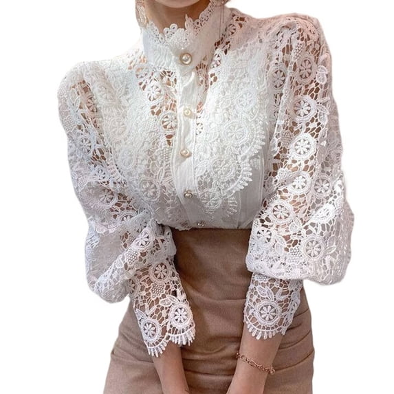 Women Elegant Lace Trim Shirts Casual Victorian Blouse Long Sleeve Button Down Tops White XL