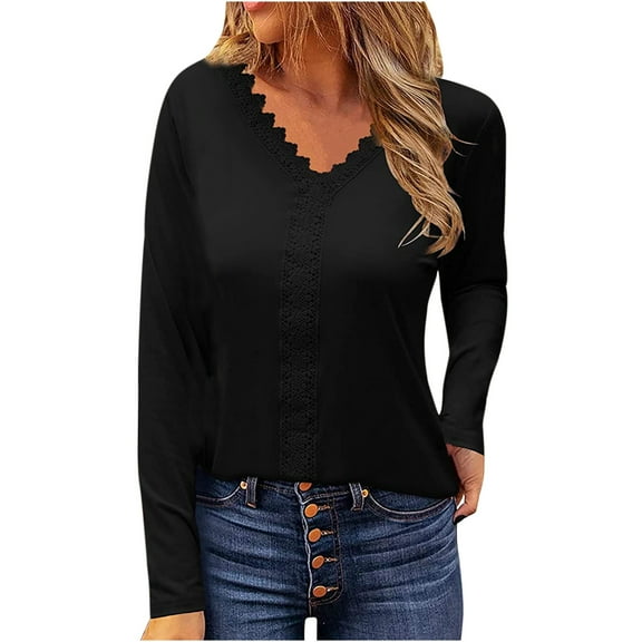 Women Elegant Lace Trim Tops Spring Casual Solid V-Neck Sexy Long Sleeve Pullover Blouse T-shirt Trendy Tops