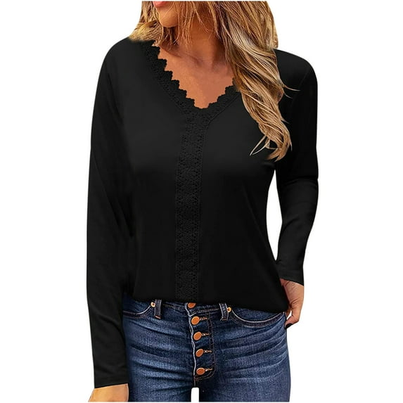 Women Elegant Lace Trim Tops Spring Casual Solid V-Neck Sexy Long Sleeve Pullover Blouse T-shirt Trendy Tops