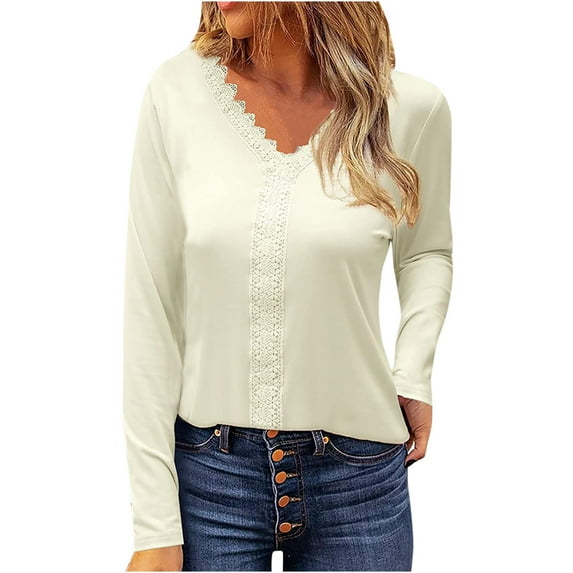 Women Elegant Lace Trim Tops Spring Casual Solid V-Neck Sexy Long Sleeve Pullover Blouse T-shirt Trendy Tops
