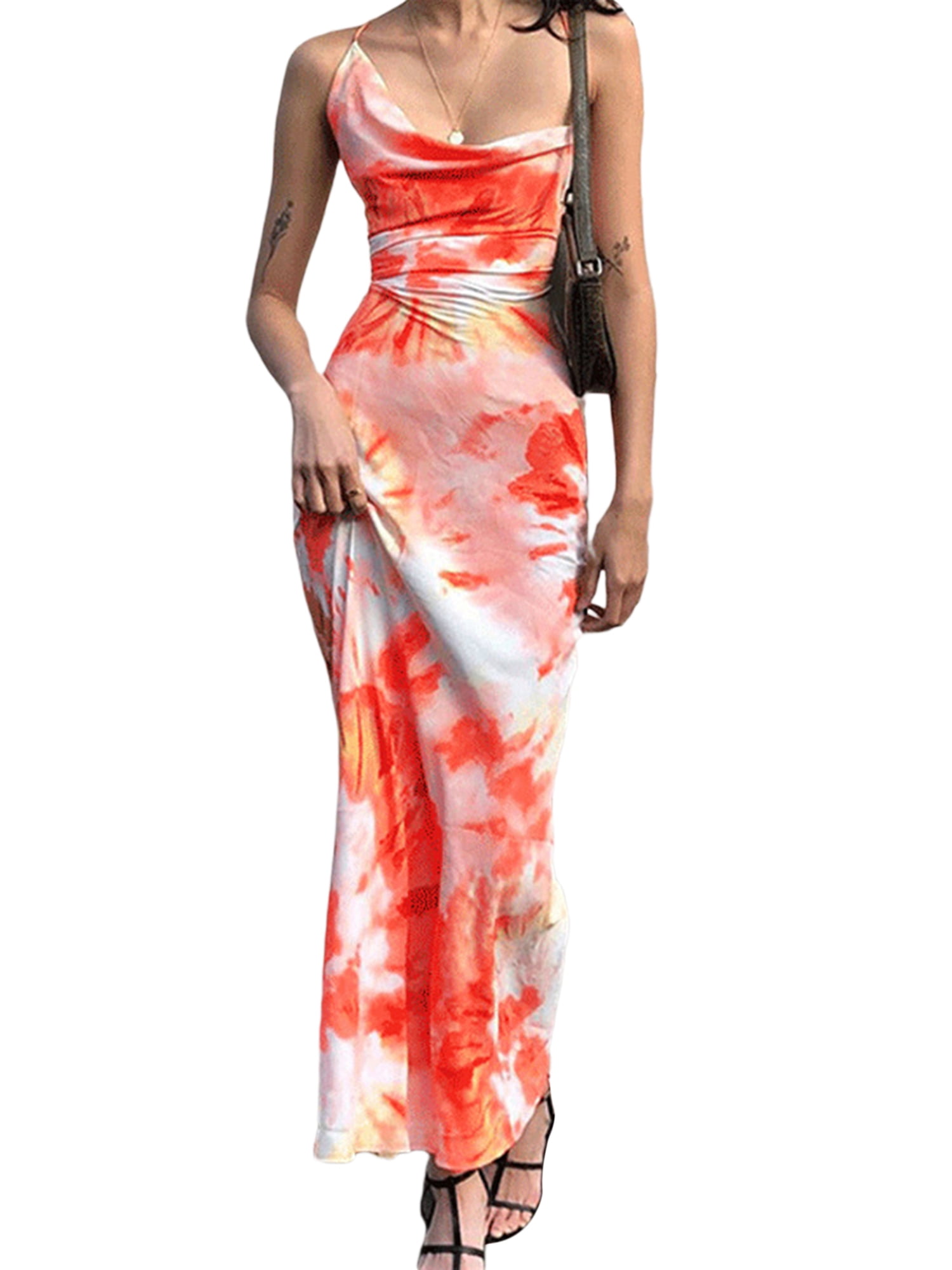 Women Elegant Maxi Dress Tie-dyed Cowl Neck One-piece Cross Tie Up Backless  Long Dress Plus Size - Walmart.com