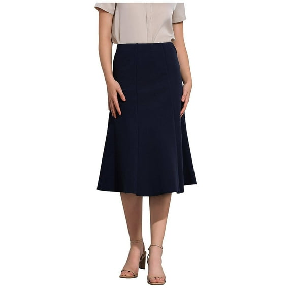 Women Elegant Midi Skirts Knee Length A-Line Flared Business Skirt for Office Casual Blue 3XL