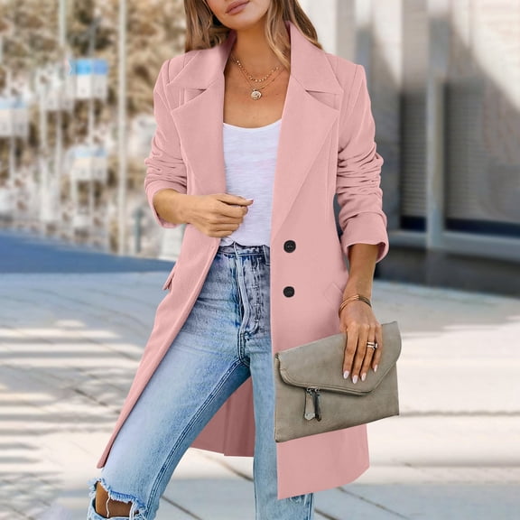 Women Elegant Notched Collar Double Breasted Wool Blend Over Coat Pink L