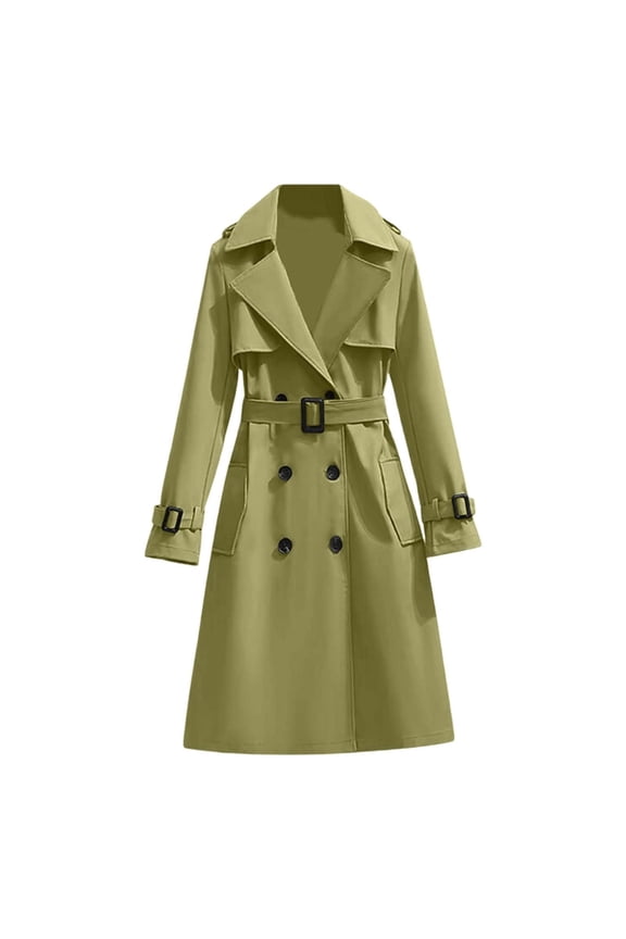 Women Elegant Notched Collar Double Breasted Wool Blend Over Coat with Decor Belt Midi Trench Coat Women's Fall Winter Clothes (Army Green XXXL)