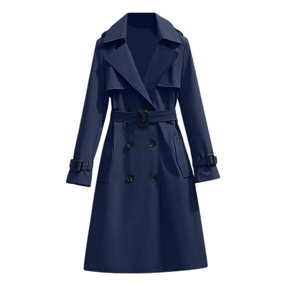 Women Elegant Notched Collar Double Breasted Wool Blend Over Coat with Decor Belt Midi Trench Coat Women's Fall Winter Clothes (Navy XL)