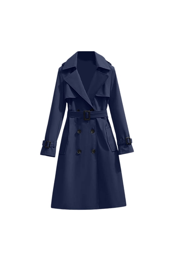 Women Elegant Notched Collar Double Breasted Wool Blend Over Coat with Decor Belt Midi Trench Coat Women's Fall Winter Clothes (Navy XL)