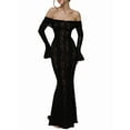 thumbnail image 1 of Women Elegant Off Shoulder Lace Bodycon Maxi Dress Bell Sleeve Mesh Sheer Mermaid Wedding Party Dress Black L, 1 of 3