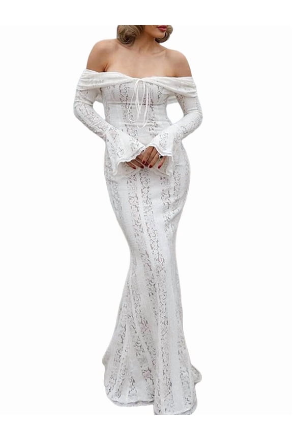 Women Elegant Off Shoulder Lace Bodycon Maxi Dress Bell Sleeve Mesh Sheer Mermaid Wedding Party Dress White M