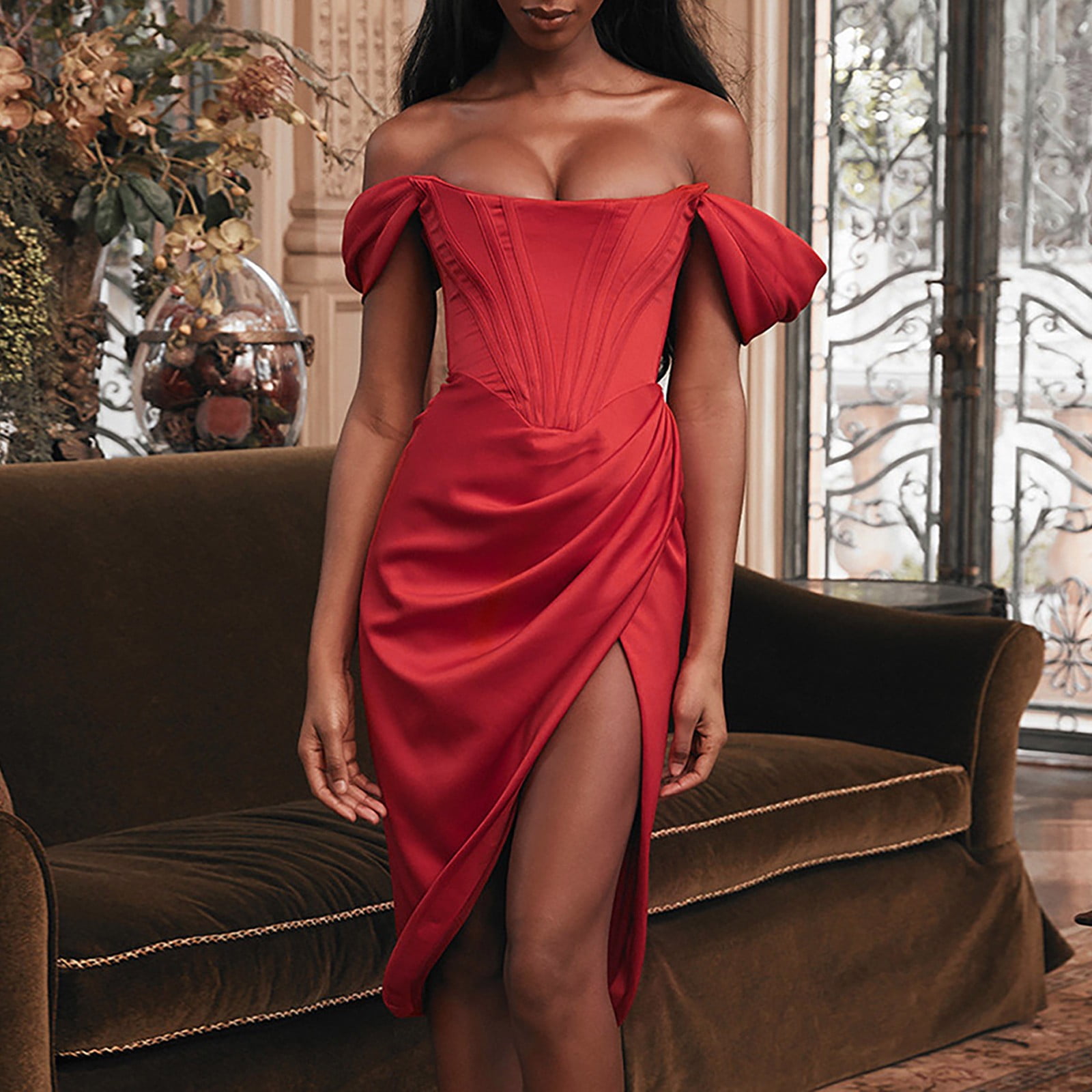 Women Elegant Off Shoulder Push Up Midi Tube Dress With High Slit