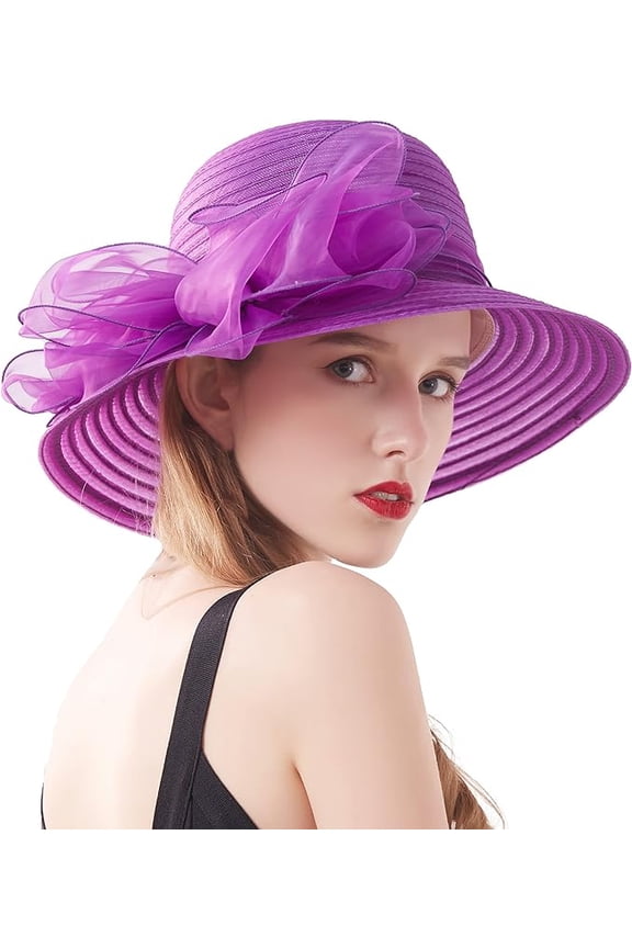 Women Elegant Organza Sun hat with Flower Church Hat Headgear Wedding Tea Party Wide Brim Sun Hats