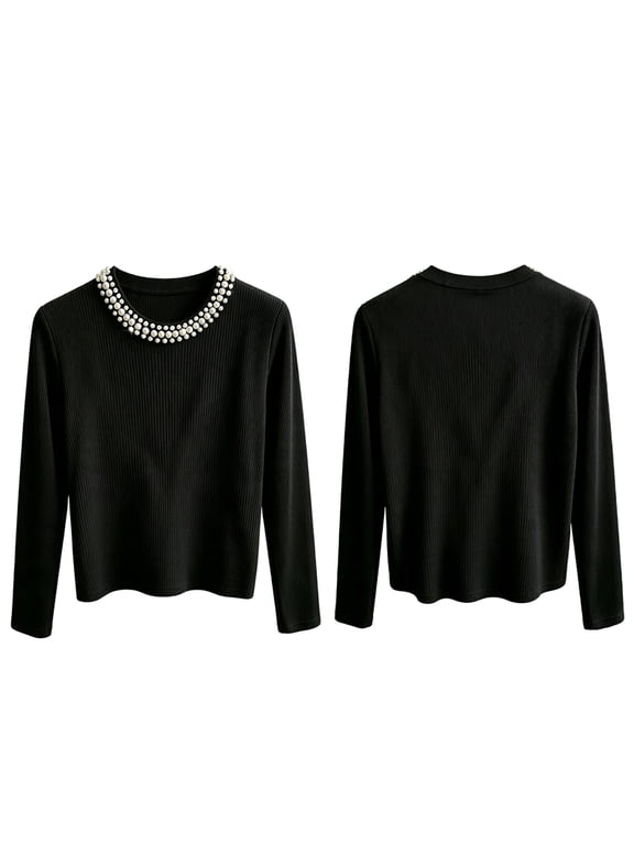 Women Elegant Pearl Embellished Crew Neck Vertical Ribbed Knit Slim Fit Long Sleeve Layering Top Black XXL