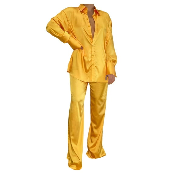 Women Elegant Pullovers Pants Suit Wide Leg Pants Satin Sets Women 2 Piece Outfits Casual Long Sleeve Button Down Shirt Pants Outfits Fashion Streetwear Pajamas