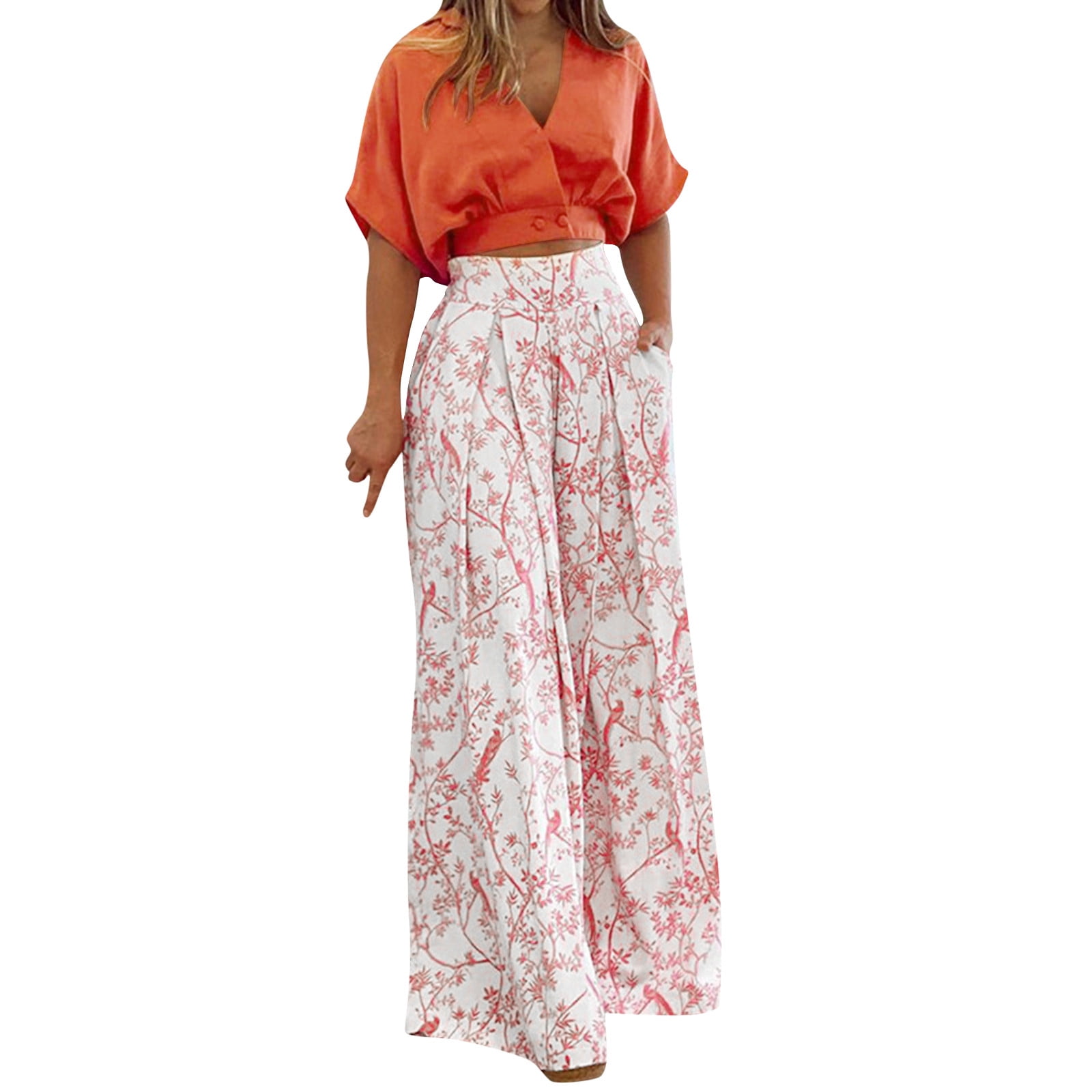Women's 2-Piece Outfit Set - Casual Print Shirt With High Waist Loose Pocket Pants, Comfortable Lounge Wear