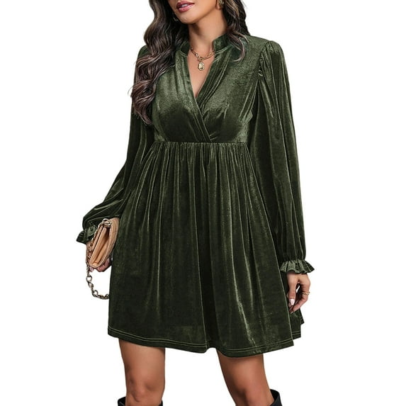 Women Elegant Retro Short Loose V-Neck Long Sleeve Velvet Solid Color Dress Fall Winter Fashion Clothing Army Green L