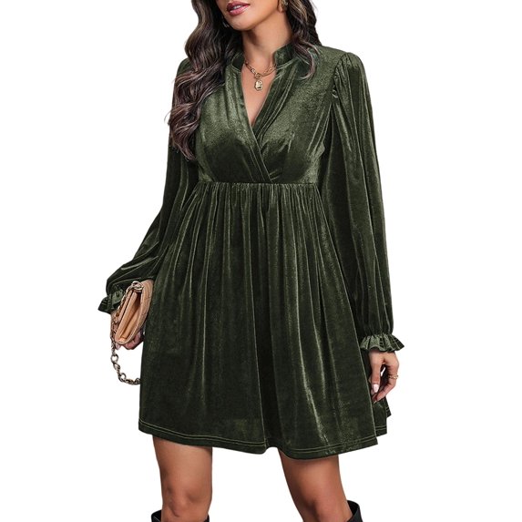 Women Elegant Retro Short Loose V-Neck Long Sleeve Velvet Solid Color Dress Fall Winter Fashion Clothing Army Green S