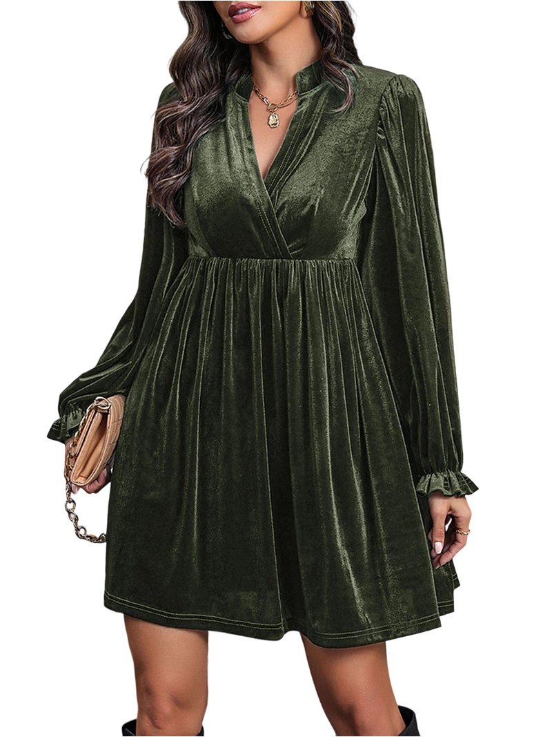 retro winter dress Women Elegant Retro Short Loose V-Neck Long Sleeve Velvet Solid Color Dress  Fall Winter Fashion Clothing Wine Red S